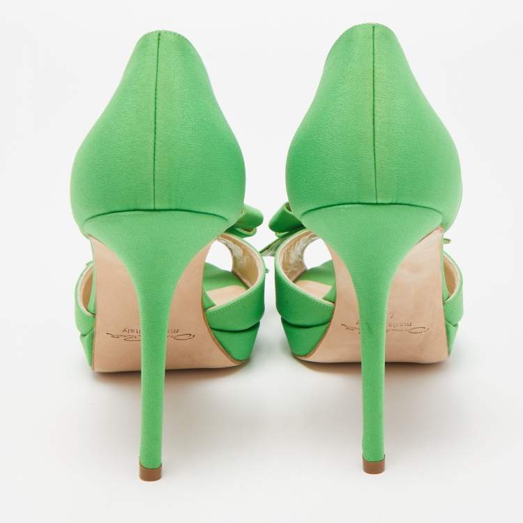 Pre Owned Oscar de la Renta Green Fabric Crystal Embellished Rosalba D' Orsay Peep Toe Pumps Size 40