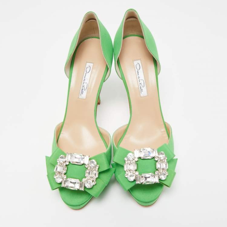 Pre Owned Oscar de la Renta Green Fabric Crystal Embellished Rosalba D' Orsay Peep Toe Pumps Size 40
