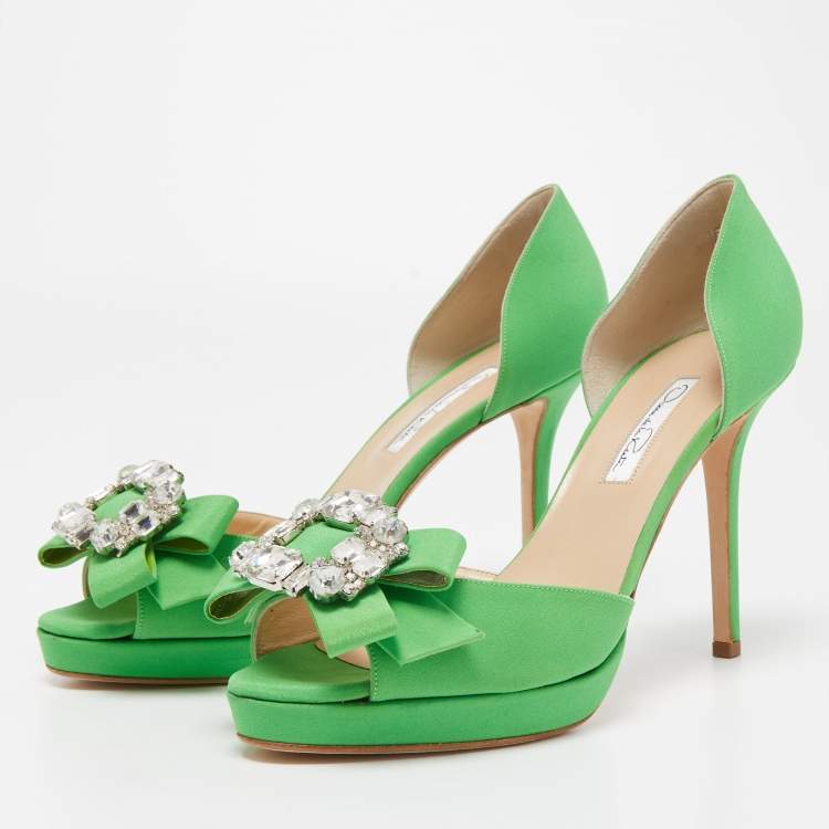 Pre Owned Oscar de la Renta Green Fabric Crystal Embellished Rosalba D' Orsay Peep Toe Pumps Size 40