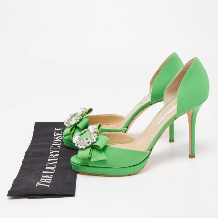 Pre Owned Oscar de la Renta Green Fabric Crystal Embellished Rosalba D' Orsay Peep Toe Pumps Size 40