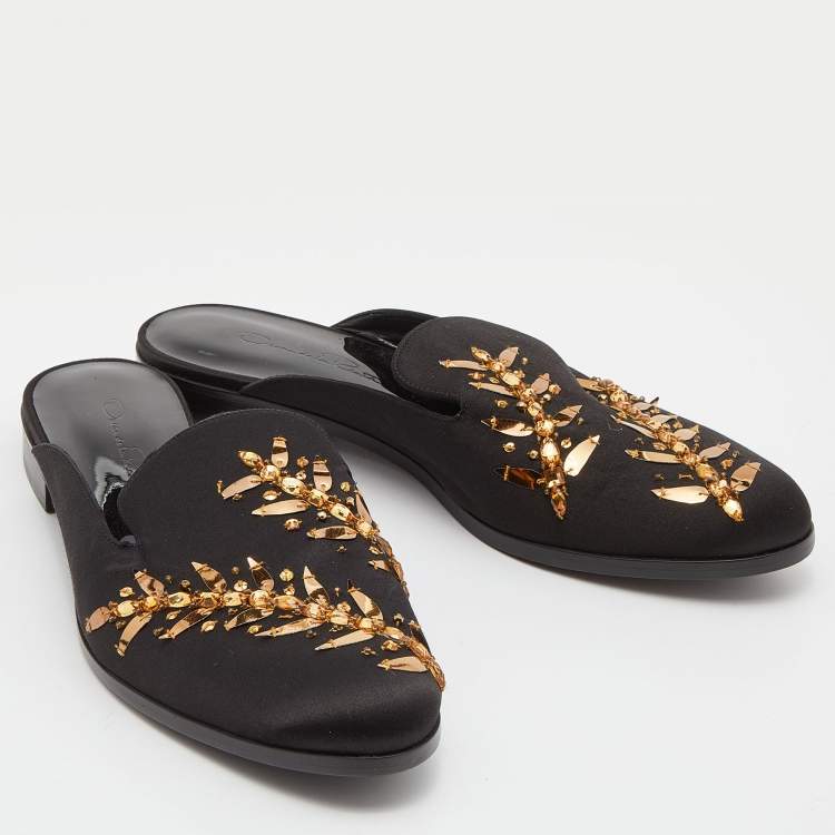 Pre Owned Oscar de la Renta Black Satin Embellished Flat Mules Size 39