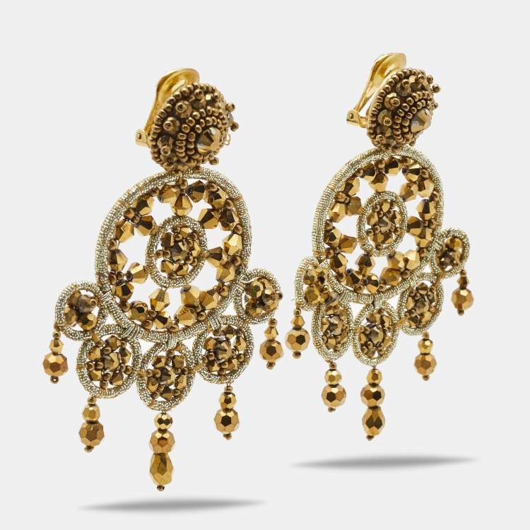 Pre Owned Oscar de la Renta Crystal Beads Gold Tone Earrings