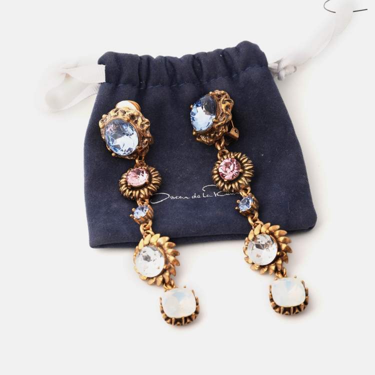 Pre Owned Oscar de la Renta Gold Tone Multicolor Crystal Drop Earrings