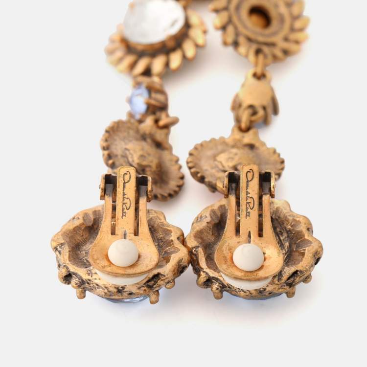 Pre Owned Oscar de la Renta Gold Tone Multicolor Crystal Drop Earrings
