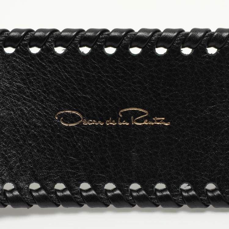 Pre Owned Oscar de la Renta Black Leather Whipstitch Detail Wrap Around Waist Belt 86CM