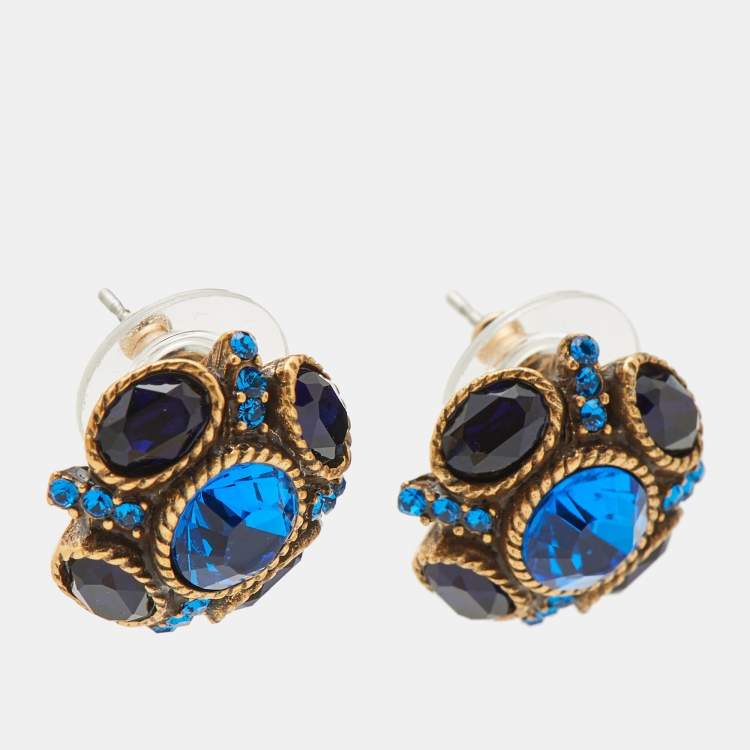 Pre Owned Oscar de la Renta Blue Crystal Gold Tone Stud Earrings