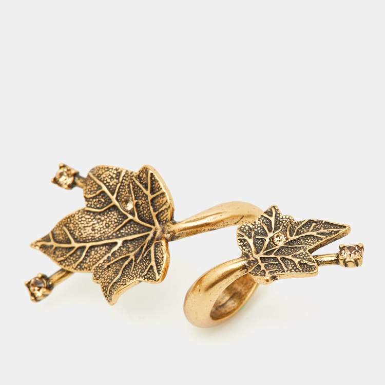 Pre Owned Oscar de la Renta Crystal Gold tone Leaf Cocktail Ring Size 52