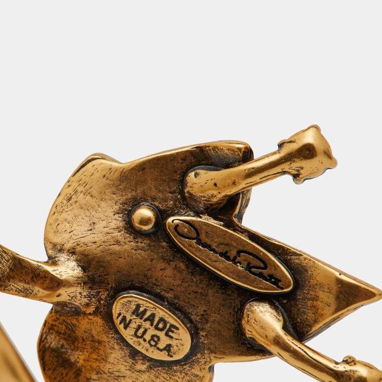 Pre Owned Oscar de la Renta Crystal Gold tone Leaf Cocktail Ring Size 52