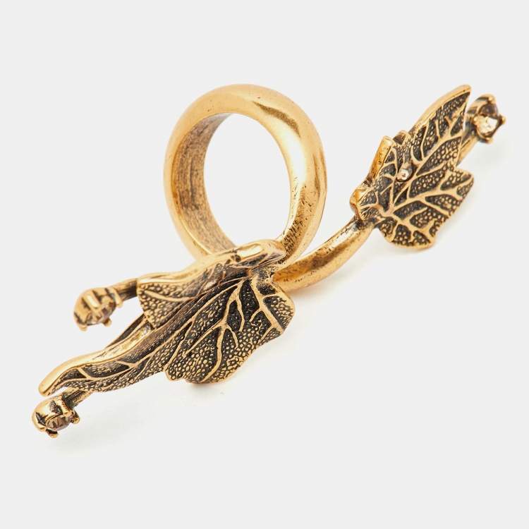 Pre Owned Oscar de la Renta Crystal Gold tone Leaf Cocktail Ring Size 52