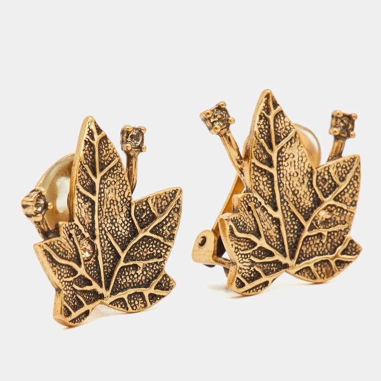 Pre Owned Oscar de la Renta Crystal Gold Tone Leaf Motif Clip-on Earrings