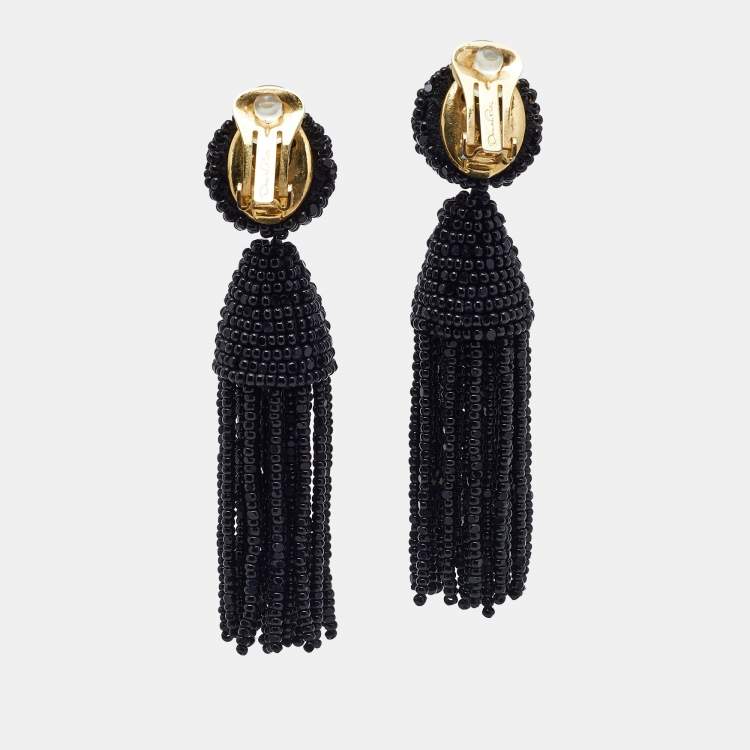 Pre Owned Oscar de la Renta  Black Beaded Short Tassel Clip On Earrings