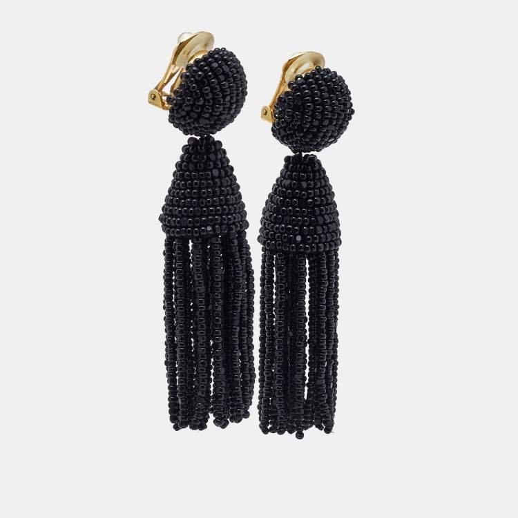 Pre Owned Oscar de la Renta  Black Beaded Short Tassel Clip On Earrings
