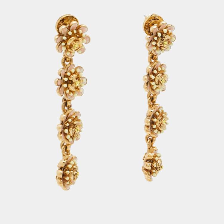 Pre Owned Oscar de la Renta Flower Crystals Enamel Gold Tone Earrings