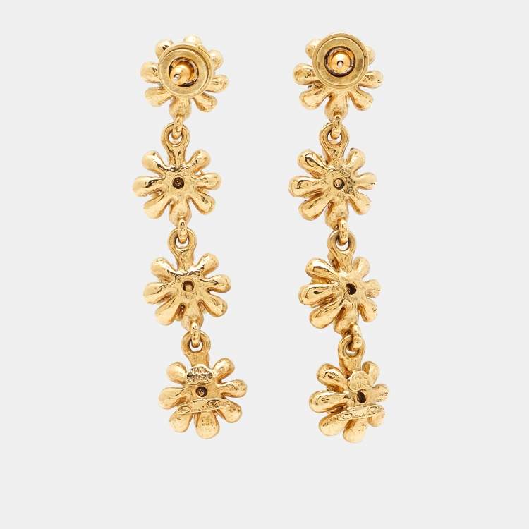 Pre Owned Oscar de la Renta Flower Crystals Enamel Gold Tone Earrings