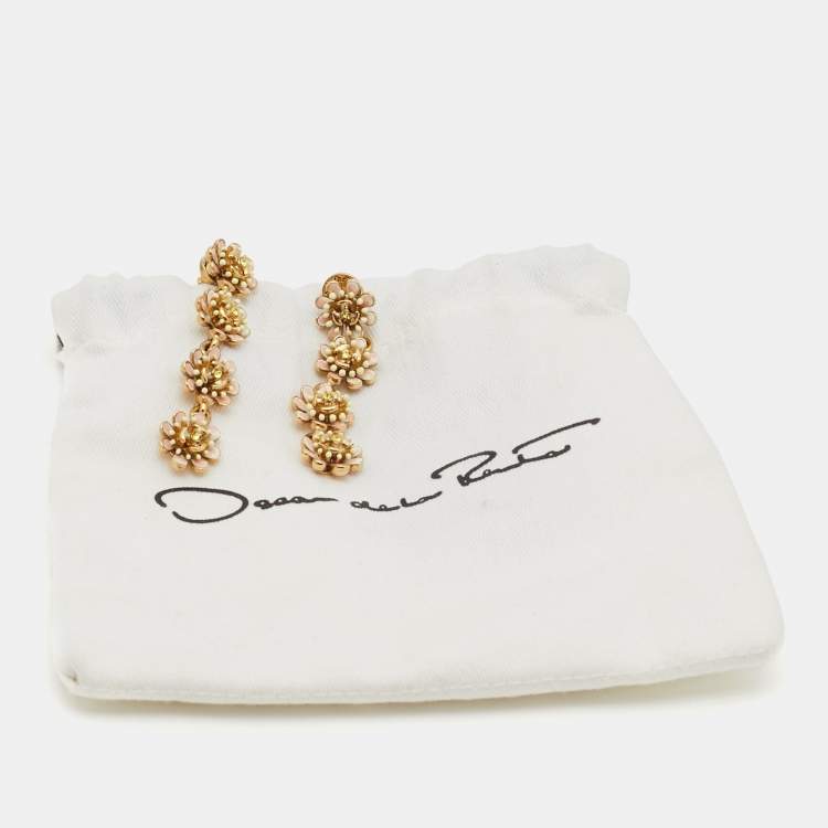 Pre Owned Oscar de la Renta Flower Crystals Enamel Gold Tone Earrings