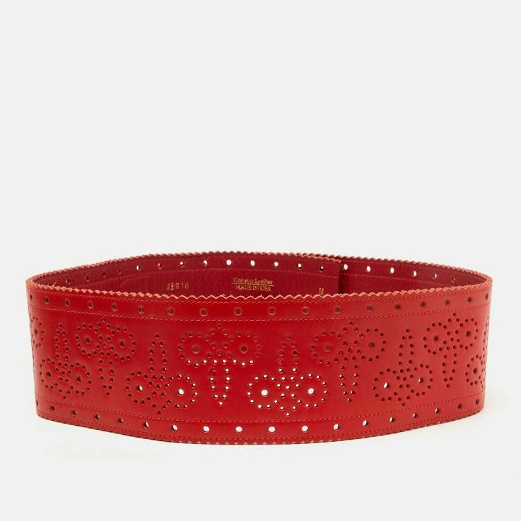 Pre Owned Oscar de la Renta Red Perforated Leather Waist Belt M
