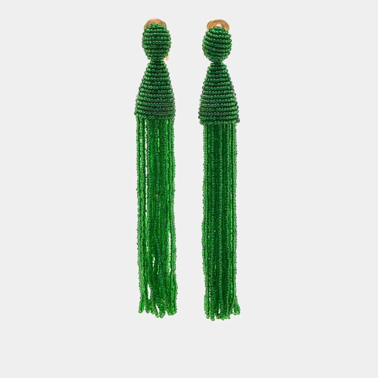 Pre Owned Oscar de la Renta Green Beaded Gold Tone Tassle Earrings