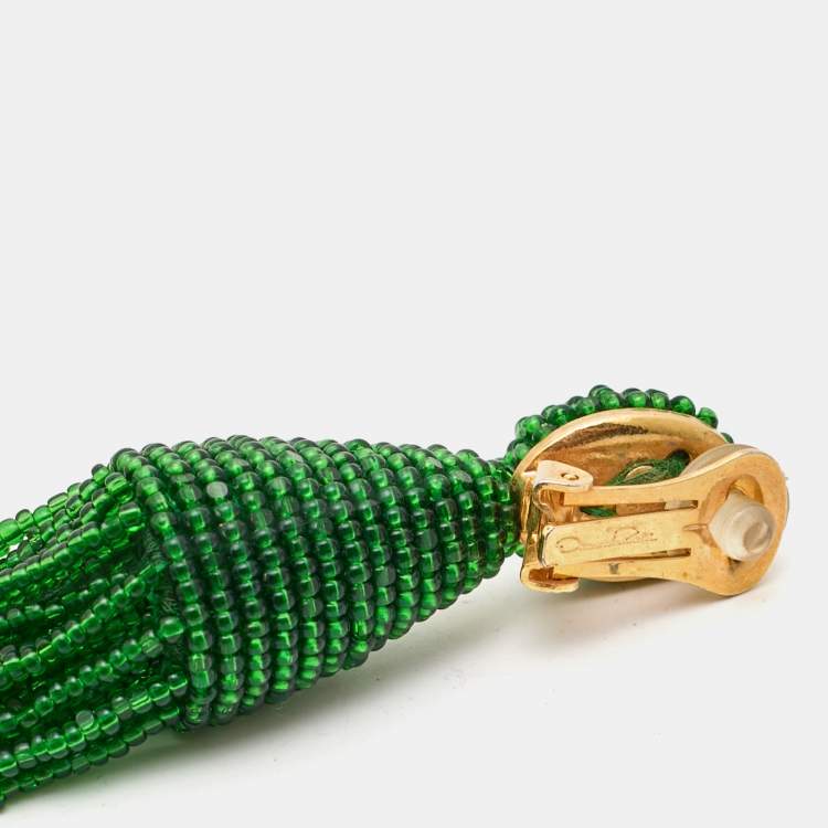 Pre Owned Oscar de la Renta Green Beaded Gold Tone Tassle Earrings