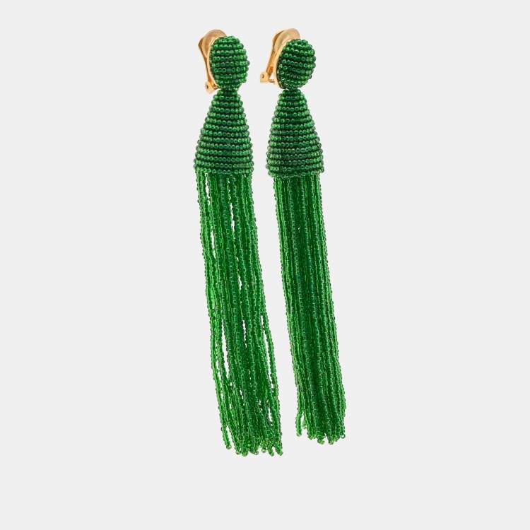 Pre Owned Oscar de la Renta Green Beaded Gold Tone Tassle Earrings