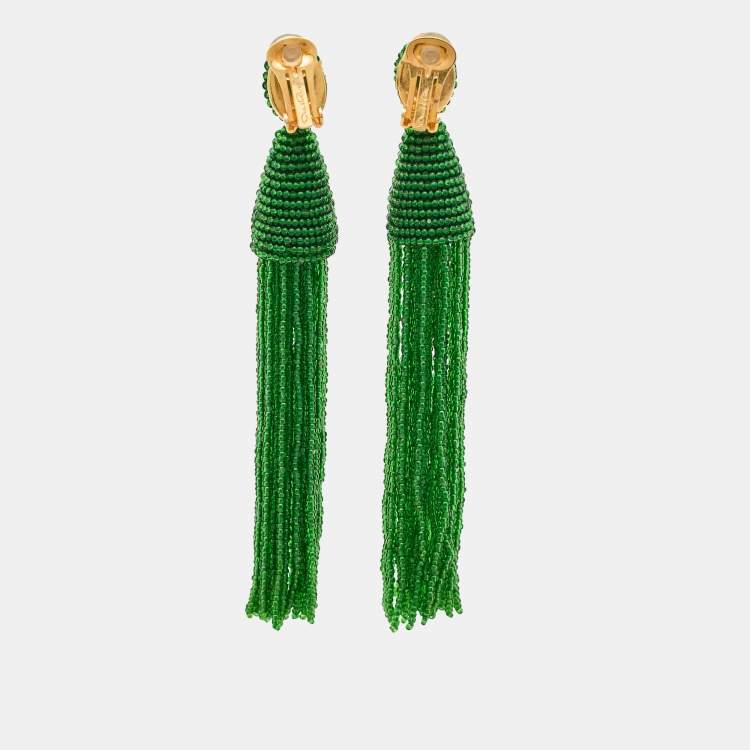 Pre Owned Oscar de la Renta Green Beaded Gold Tone Tassle Earrings
