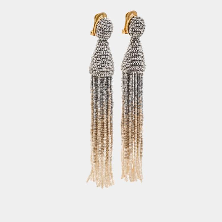 Pre Owned Oscar de la Renta Multicolor Beaded Gold Tone Tassel Clip on Earrings