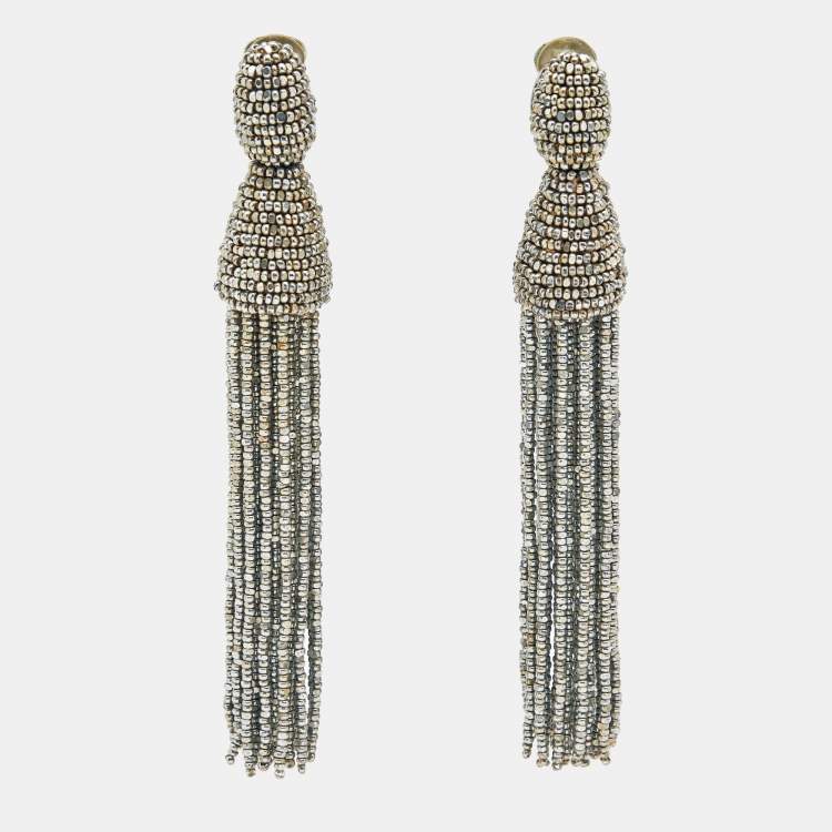 Pre Owned Oscar de la Renta Beads Silver Tone Metal Earrings