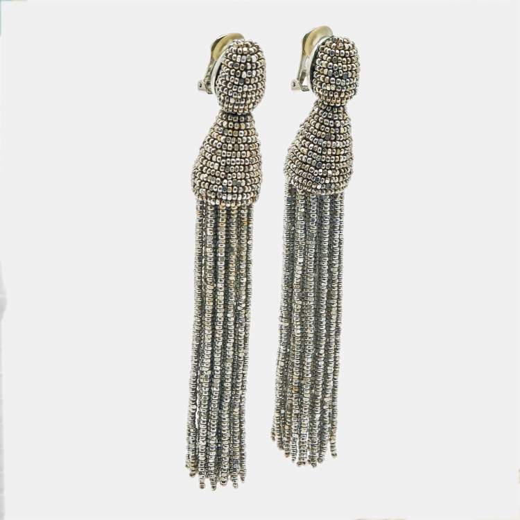 Pre Owned Oscar de la Renta Beads Silver Tone Metal Earrings