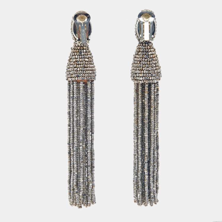 Pre Owned Oscar de la Renta Beads Silver Tone Metal Earrings