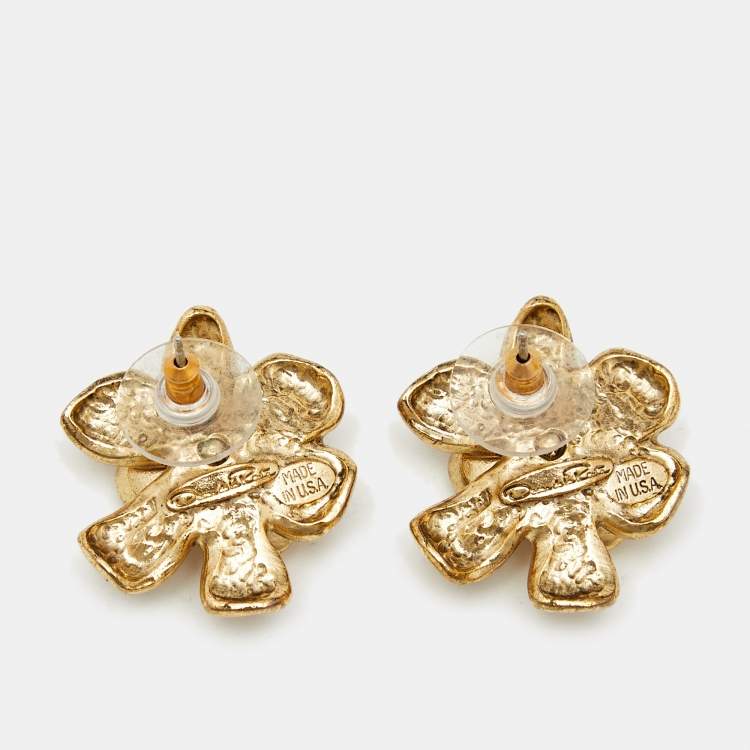Pre Owned Oscar de la Renta Flower Gold Tone Stud Earrings