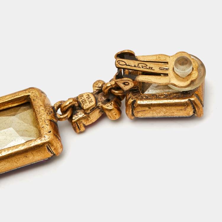Pre Owned Oscar de la Renta Crystals Gold Tone Earrings