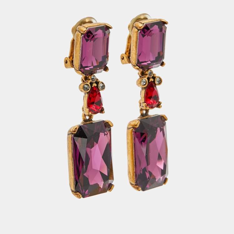 Pre Owned Oscar de la Renta Crystals Gold Tone Earrings