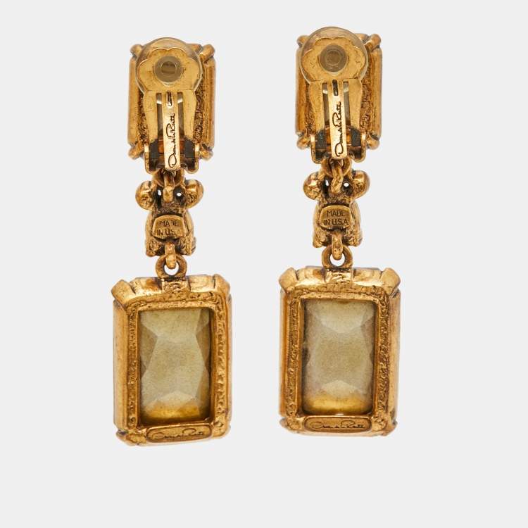 Pre Owned Oscar de la Renta Crystals Gold Tone Earrings