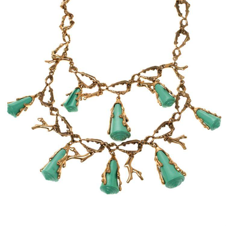 Pre Owned Oscar de la Renta Turquoise Resin Shell & Gold Tone Coral Two-tier Necklace
