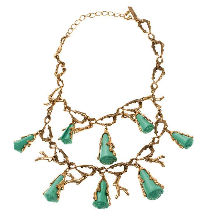 Pre Owned Oscar de la Renta Turquoise Resin Shell & Gold Tone Coral Two-tier Necklace