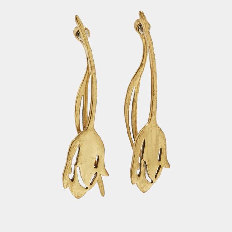 Pre Owned Oscar De La Renta Tulip Gold Tone Earrings