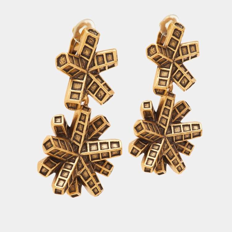Pre Owned Oscar de la Renta Geometric Gold Tone Dangle Earrings