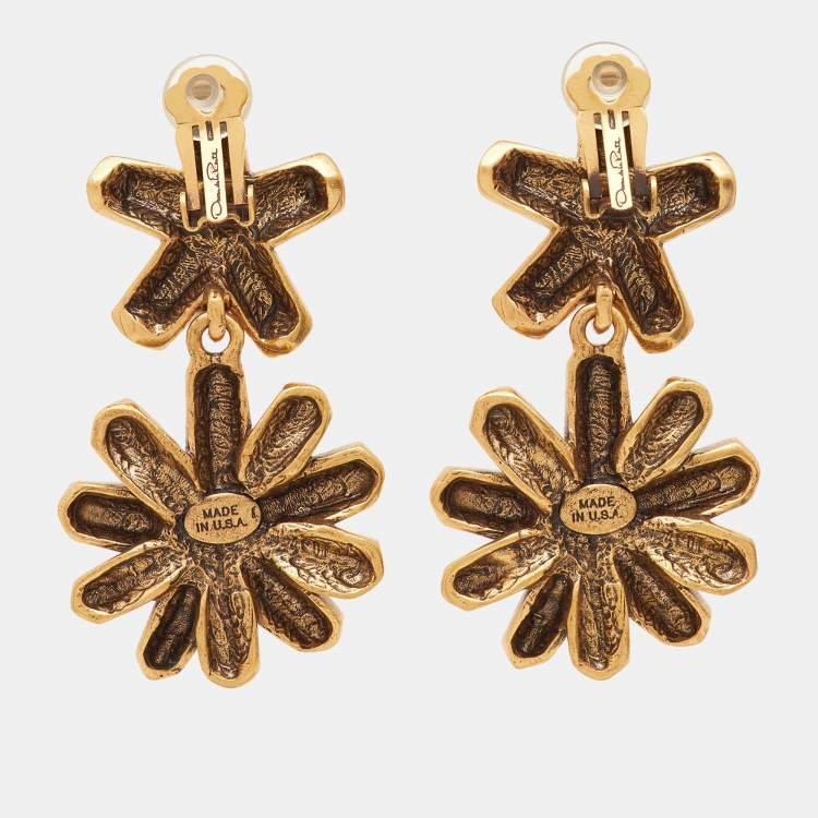 Pre Owned Oscar de la Renta Geometric Gold Tone Dangle Earrings
