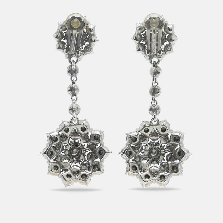 Pre Owned Oscar de la Renta Crystals SIlver Tone Earrings