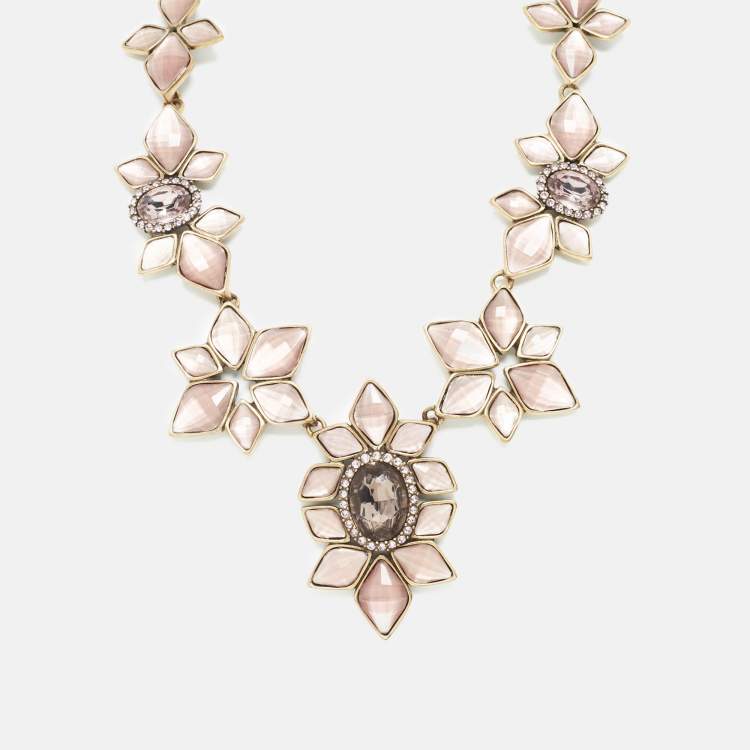 Pre Owned Oscar de la Renta Resin Crystals Gold Tone Necklace