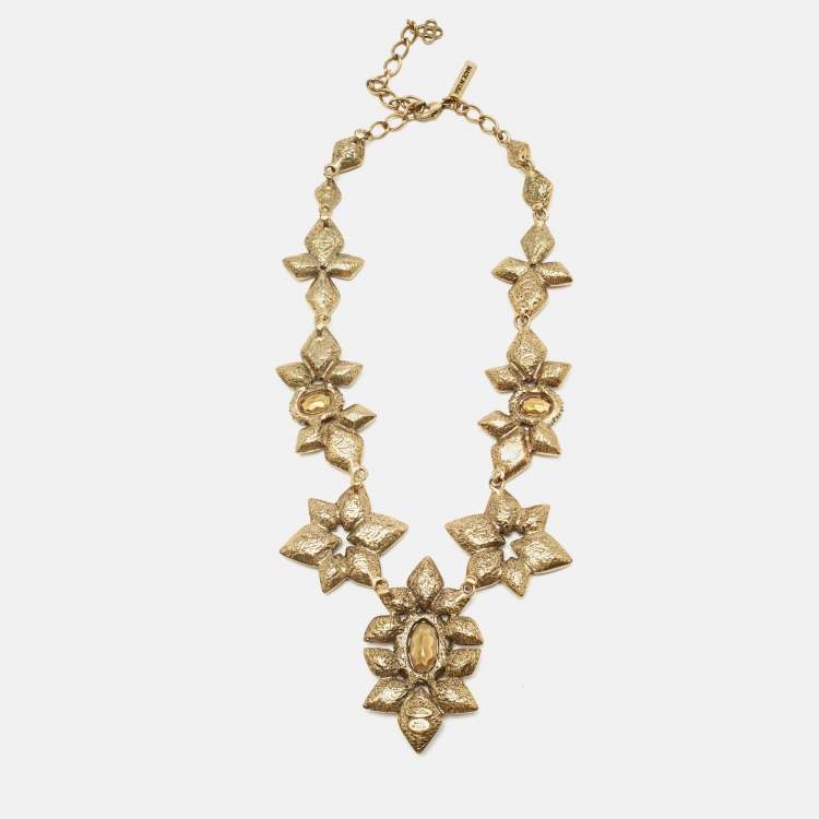 Pre Owned Oscar de la Renta Resin Crystals Gold Tone Necklace