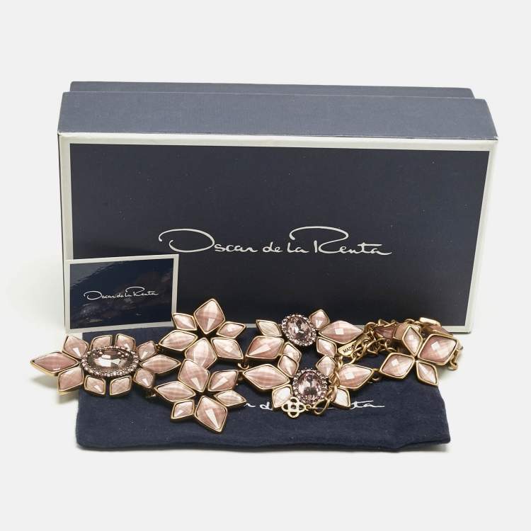 Pre Owned Oscar de la Renta Resin Crystals Gold Tone Necklace