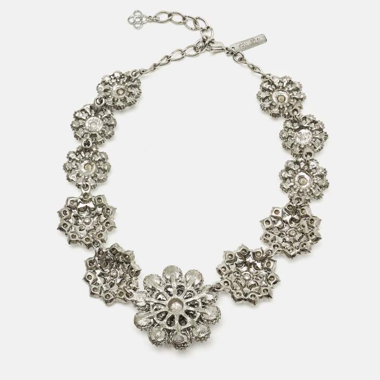 Pre Owned Oscar de la Renta Crystals Silver Tone Necklace