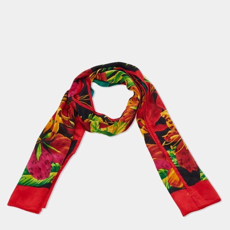 Pre Owned Oscar de la Renta Red Floral Print Silk Stole