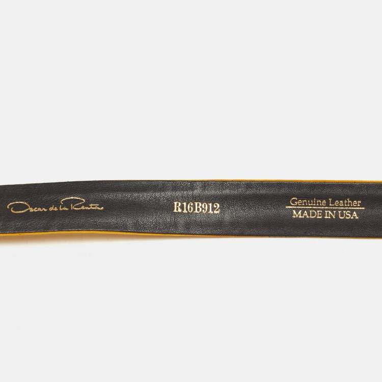 Pre Owned Oscar de la Renta Yellow Satin Crystal Buckle Belt M