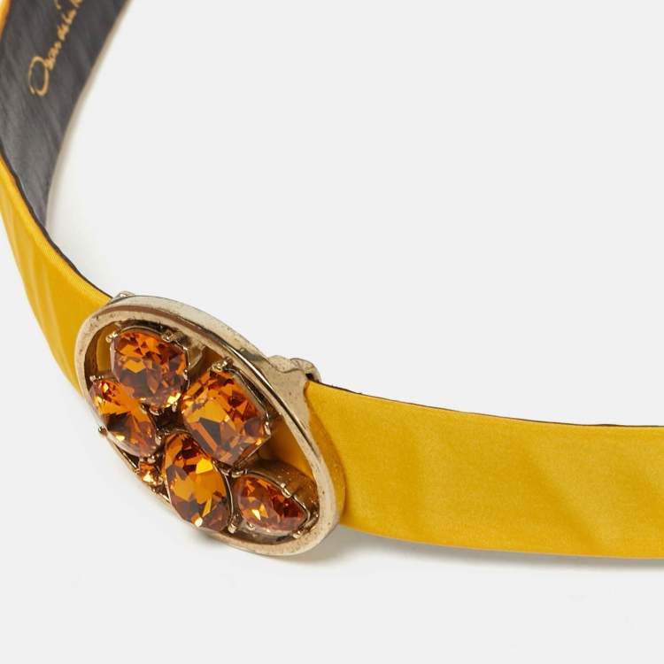 Pre Owned Oscar de la Renta Yellow Satin Crystal Buckle Belt M