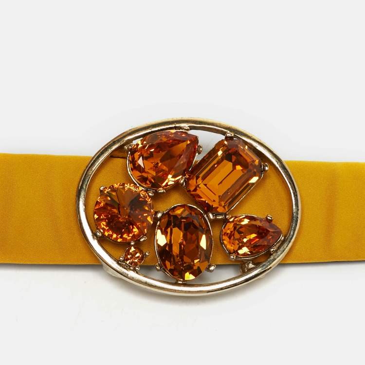 Pre Owned Oscar de la Renta Yellow Satin Crystal Buckle Belt M