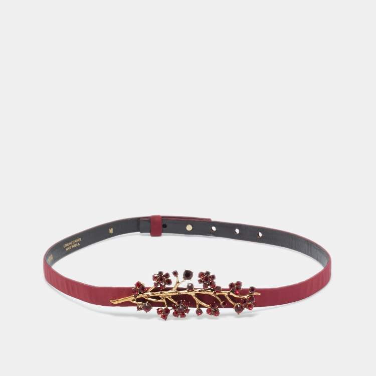 Pre Owned Oscar de la Renta Burgundy Satin Crystal Embellished Slim Belt M