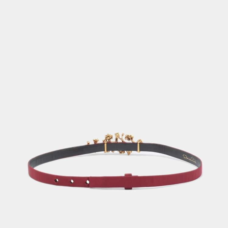Pre Owned Oscar de la Renta Burgundy Satin Crystal Embellished Slim Belt M