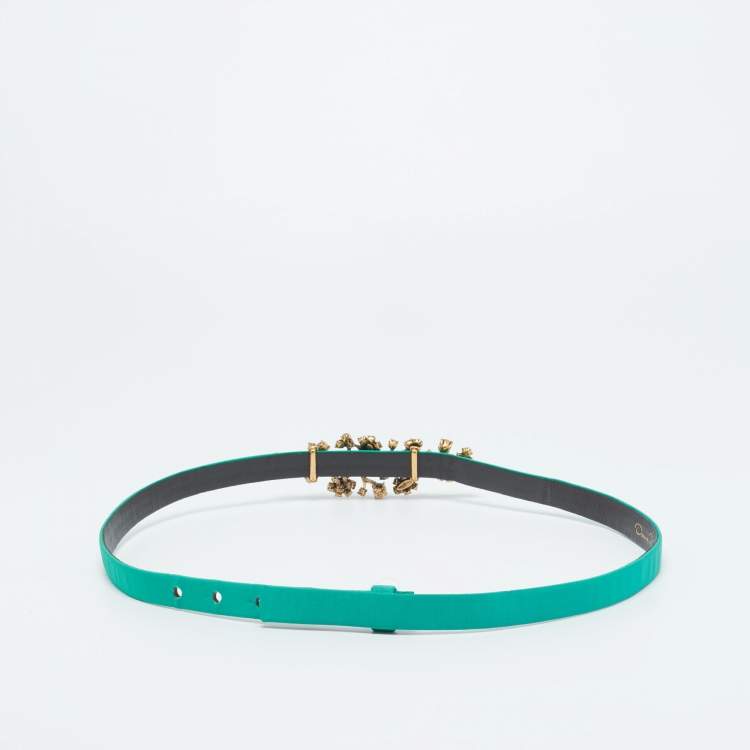 Pre Owned حزام أوسكار دي لا رينتا مزخرف كريستال ساتان أخضر نحيف متوسط