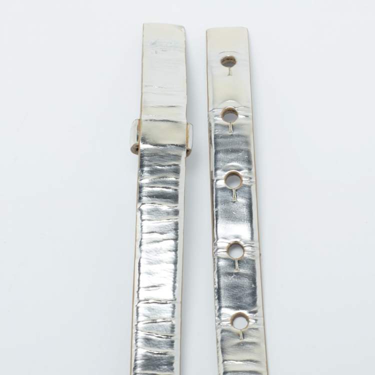 Pre Owned Oscar de la Renta Silver Patent Leather Crystal Embellished Belt M